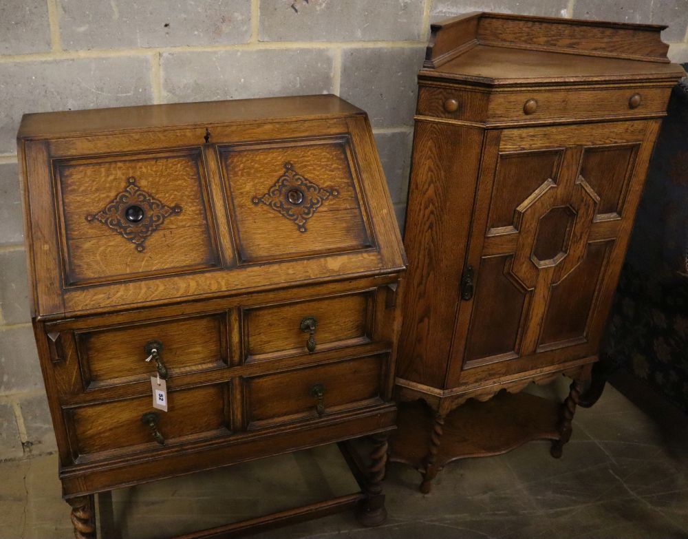 A 1920s panelled oak bureau, width 74cm, depth 46cm, height 103cm, together with a similar standing corner cabinet